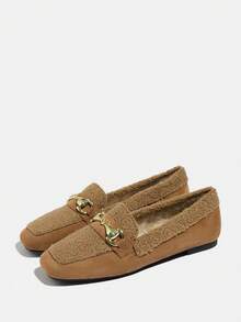 棕色平底玛丽珍鞋，百搭复古时尚户外低跟女鞋，豹纹印花，冬季乐福鞋，套脚式毛绒保暖方头鞋 - 棕色 - 查看 5