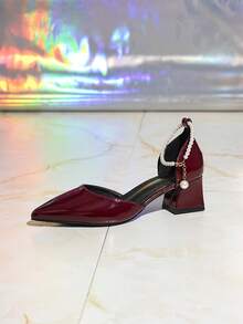 Pointed Toe French Style New Slip-On Mules, Glossy Burgundy Faux Leather High Heel Backless Sandals, Versatile Chunky Heel Party/Office Wear