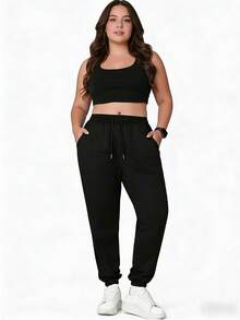 大码女式纯色运动裤，松紧腰带抽绳，拉链口袋，适合瑜伽、跑步、健身、秋季/春季 - 黑色 - 查看 2