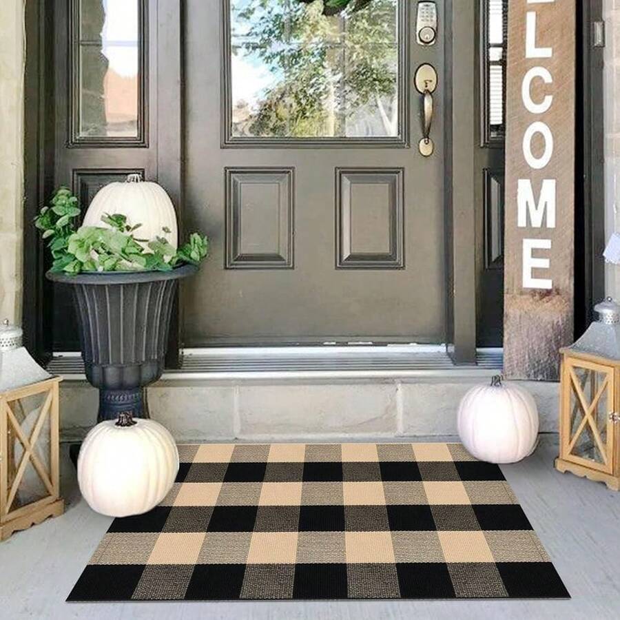 IOHOUZE Buffalo Plaid Checkered Rug 2x3 Ft Front Door Mats, Washable Area Rugs For Front Porch Welcome Mats Indoor Outdoor, Entryway Door Rug For Entryway, Home Entrance, Tan Black,One-Size,TanandBlack2x3Rectangular - 棕褐色和黑色 2x3 矩形 - 查看 1