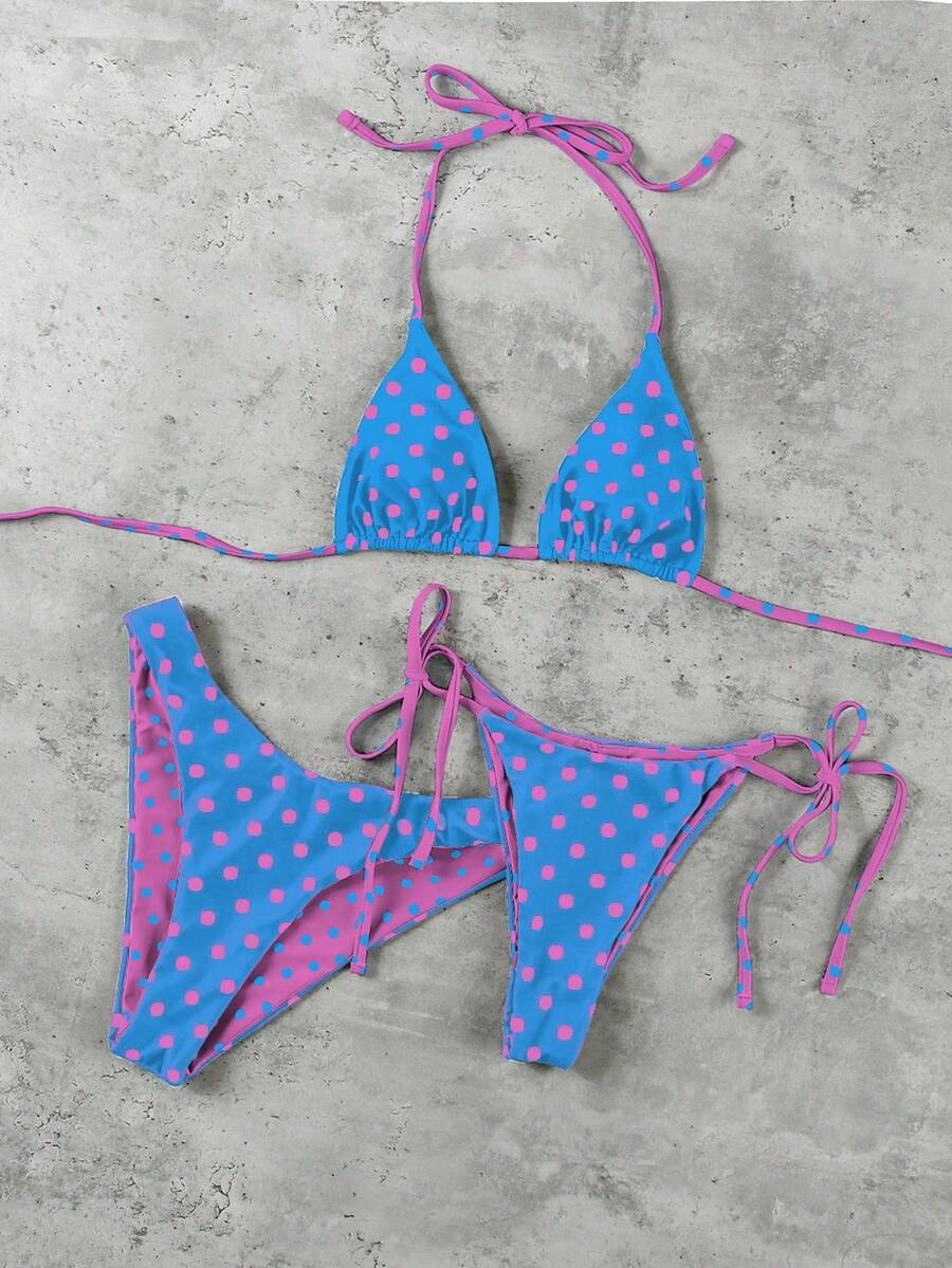 新款春夏欧美时尚性感休闲优雅波点蓝紫色印花三件套女士沙滩度假约会派对比基尼泳衣 - 彩色 - 查看 1