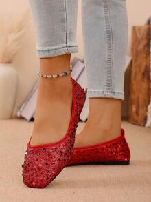 New Women Flat Sequin Square Toe Fashion Casual Breathable Non-Slip Practical Minimalist Beach Outdoor Daily Wear Shoes - Red - View 4