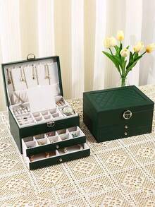 1 pieza Caja de joyería de cuero PU con múltiples capas en forma de rombo, caja de almacenamiento de joyas de gran capacidad y lujo, caja de joyas con cerradura, caja de joyas antioxidante, estante de exhibición de 2 niveles, caja de exhibición de joyas, caja de joyas de gran capacidad de 3 capas, caja de joyas de cuero PU multifuncional, caja de relojes con cerradura, caja de almacenamiento de joyas portátil - Multicolor - Ver 2
