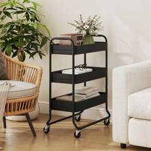 Kitchen Trolley, 3 Baskets, 4 Wheels, Metal, Black