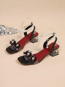 Women's Fashion Floral Crystal Chunky Heel High Heels, Fairy Style Faux Pearl Beaded Shoes,Spring Summer Outfits - Black and Red - View 10