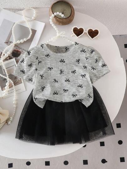 2pcs Baby Girls' Butterfly Print Puff Sleeve T-Shirt And Mesh Skirt Set, Sweet & Cute Street Style, Elegant & Graceful
