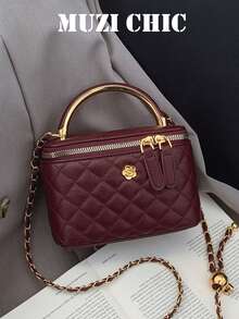 秋冬新款时尚经典百搭纯色方盒包，绗缝方包，手提包，拉链开合单肩包，金属扣装饰设计单肩包，适合旅行、购物、聚会、约会。