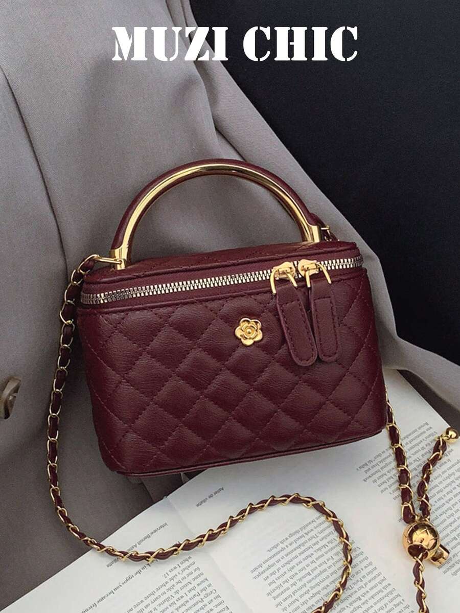 秋冬新款时尚经典百搭纯色方盒包，绗缝方包，手提包，拉链开合单肩包，金属扣装饰设计单肩包，适合旅行、购物、聚会、约会。