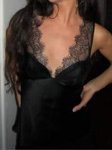 Camellia New Women's Fashion Sexy Lace Satin Blouse, Spring/Summer - Black - View 4