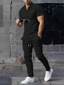 男士休闲套装，户外百搭高端男士华夫格领短袖口袋上衣和纯色长裤两件套 - 黑色 - 查看 1