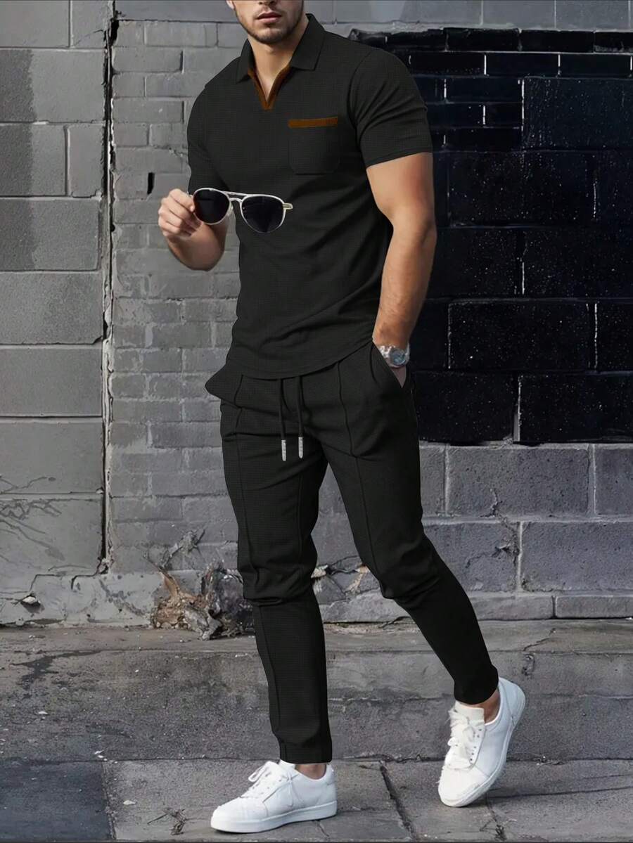 男士休闲套装，户外百搭高端男士华夫格领短袖口袋上衣和纯色长裤两件套 - 黑色 - 查看 1