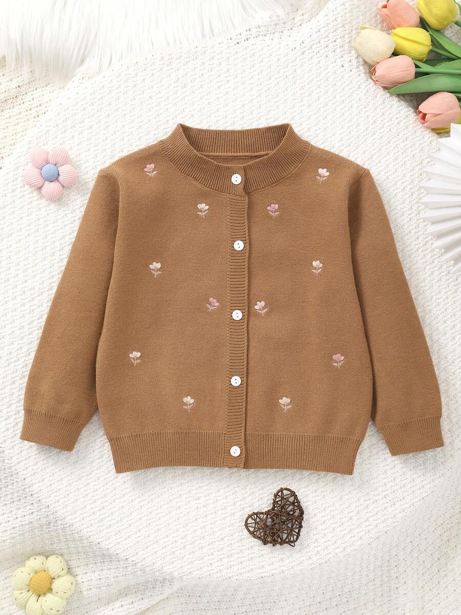 Girls' Knitted Round Neck Handmade Floral Embroidery Cardigan - Brown - View 1