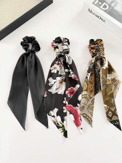 3 piezas Scrunchies de tela elegantes y retro para mujer, con estampado de paisley y floral, en color negro, adecuados para vacaciones, salidas diarias y accesorios de decoración del cabello, estilo bohemio y vintage