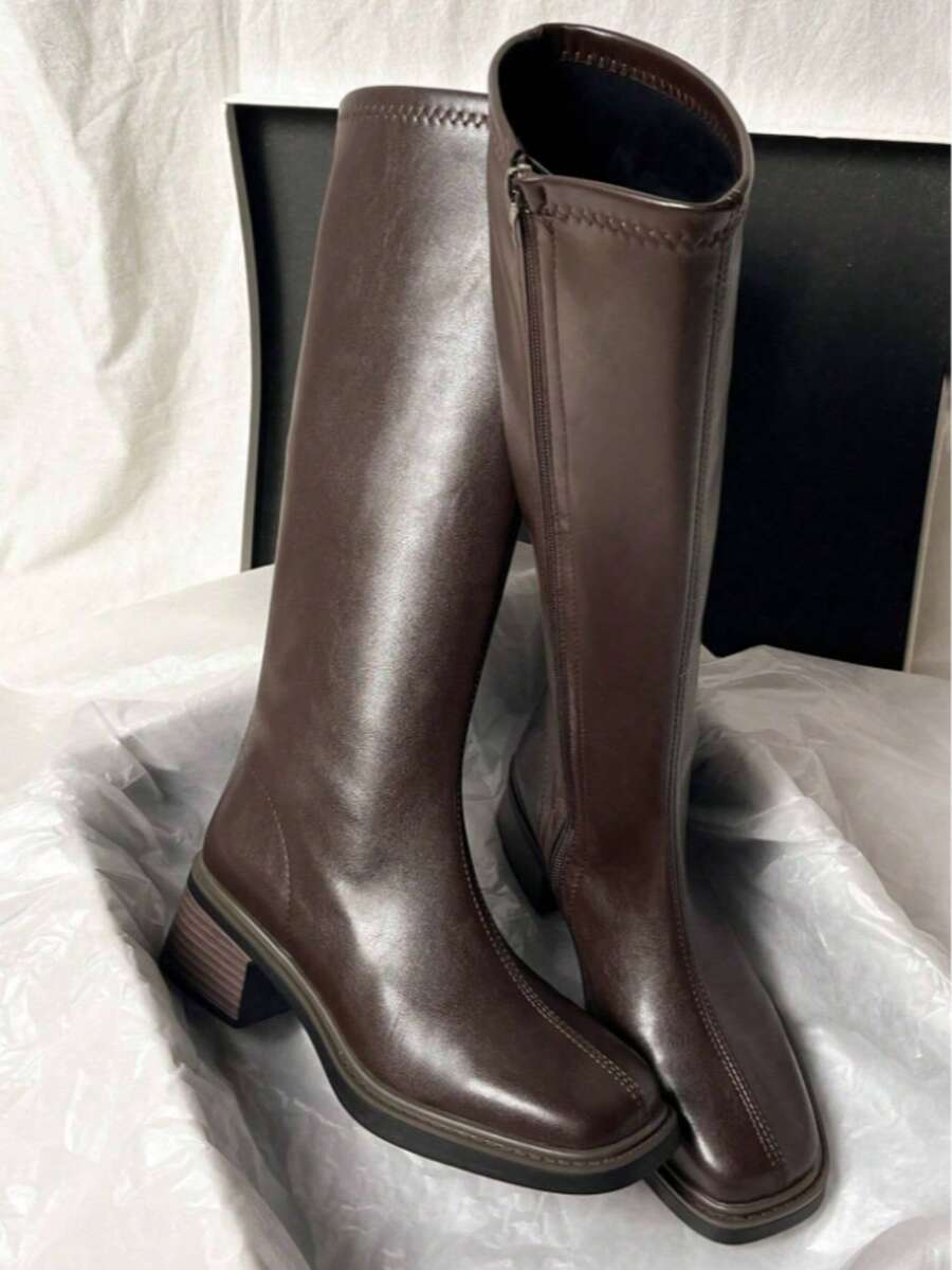 Brown Over-The-Knee Chunky Heel Boots, Black Classic Versatile Thigh High Boots, Women's Mid-Calf Equestrian Boots, Autumn/Winter New Arrivals,Party - 棕色 - 查看 1