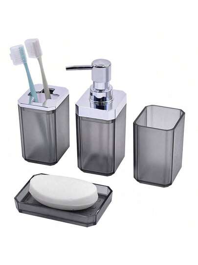 4piece Bathroom Set,Acrylic Bathroom Soap Dispenser, Toothbrush Holder,Tumbler, Soap Dish Bathroom Counter Sink Set,Bathroom Decor Gift Set , Birthday, Holiday, Housewarming, Christmas Gift, Available In Four Colors: Grey, Black