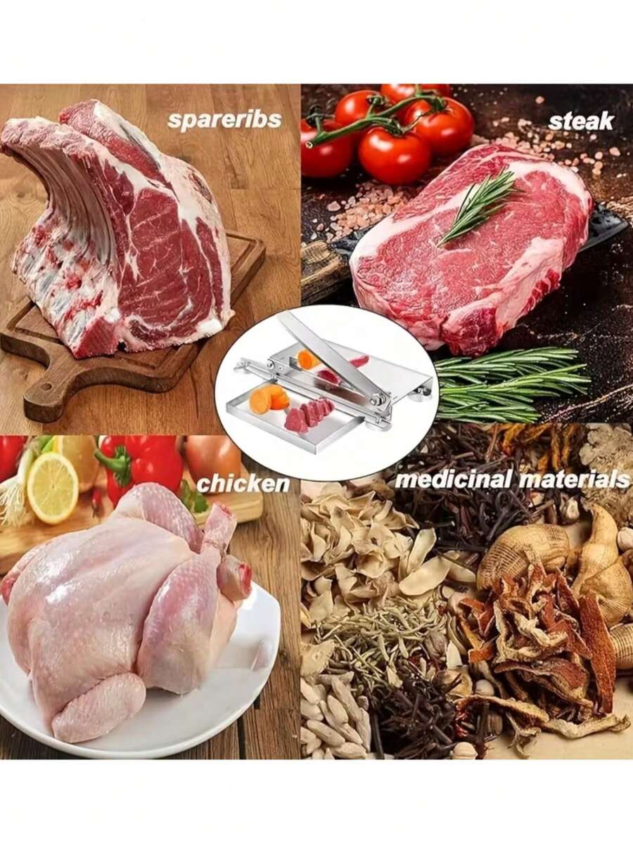 不锈钢手动切肉器/切骨器，带食物托盘和防滑底座。轻松切片牛肉、排骨、鸡肉、鱼肉和蔬菜——非常适合家庭厨房、熟食店和绞肉机使用。 - 彩色 - 查看 1