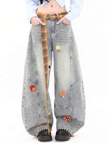 Cartoon Embroidered Plaid Belt Jeans, New Design Barrel Leg Jeans (With Belt) - Light Wash - View 1