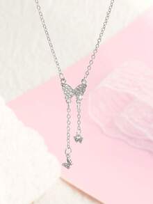 1pc Fashionable & Elegant Rhinestone Butterfly Pendant Tassel Necklace For Women - Silver - View 1
