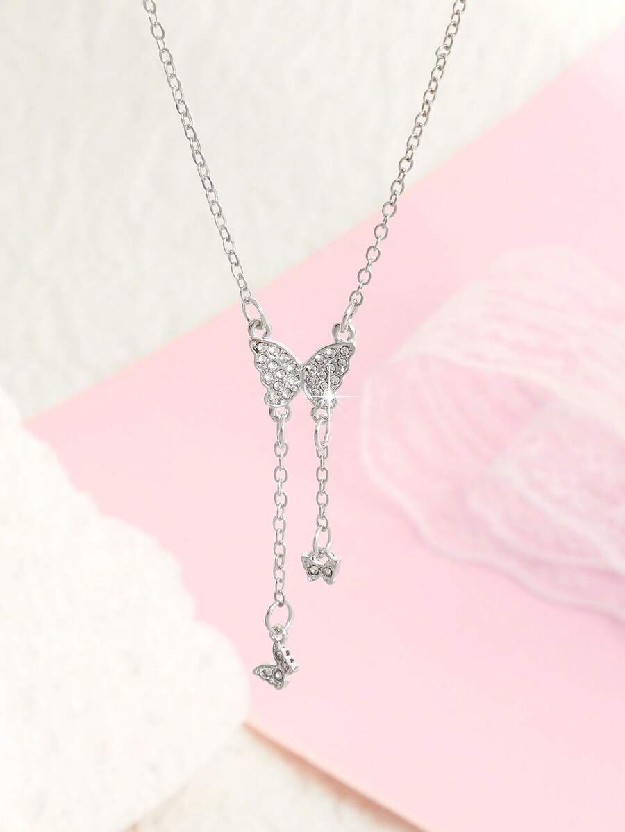 1pc Fashionable & Elegant Rhinestone Butterfly Pendant Tassel Necklace For Women - Silver - View 1