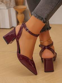 女士优雅尖头粗跟凉鞋，纯色，适合西式婚礼，性感又不失精致 - 酒紅色 - 查看 2