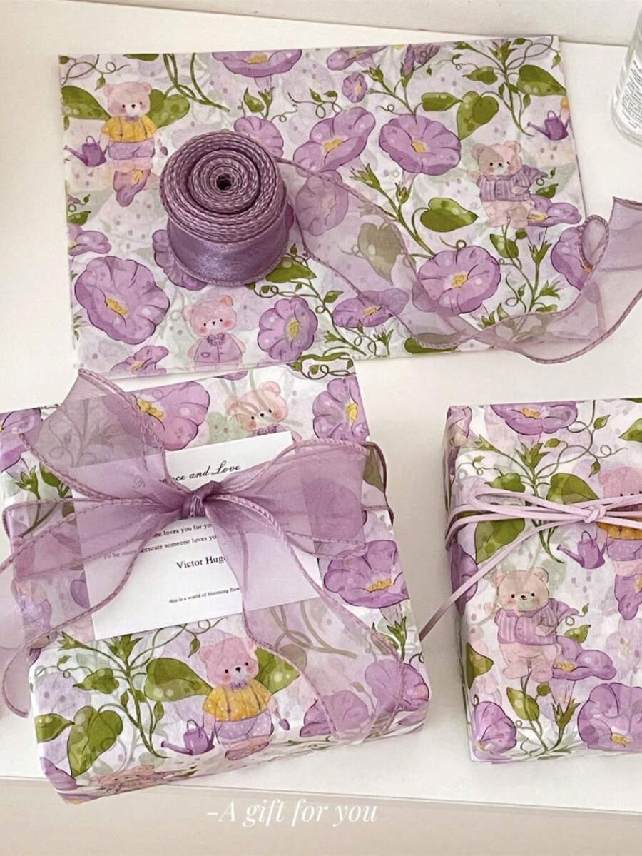 Papel de embrulho para presente com estampa de ursinho de pelúcia roxo em formato de trombeta (5/10/20 unidades), resistente à umidade e a impactos, ideal para aniversários, Dia dos Namorados, presentes, roupas, embalagens de presentes e decoração de caixas.