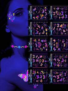 10张夜光纹身贴纸，防水防紫外线霓虹面部纹身，黑暗中发光临时纹身，身体贴纸，派对礼品用品，音乐节必备，情人节用品 - 彩色 - 查看 10