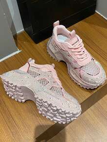 2025 New Starry Rhinestone Thick Sole White Sneakers For Women, Fashionable Elevated Casual Running Shoes - Pink - View 3