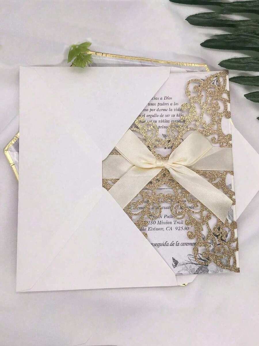 20/40pcs Gold Glitter Hollow Rose Shaped Wedding Invitations With Envelopes And RSVP Cards, Pre-Tied Satin Ribbons, For Wedding Anniversary, Bridal Shower, Engagement Party, Banquet Invitation - Multicolor - View 1