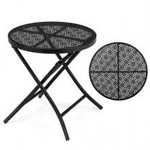 Black 18 Inch Folding Metal Steel Patio Side Table - Round Outdoor Coffee Table With Flower Cutouts For Yard Balcony Garden Use - 預設 - 查看 6