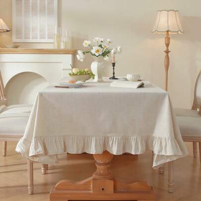 1件欧式桌布，简约莲花边，北欧ins风亚麻咖啡桌布