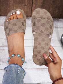 Women's Flat Sandals, Open Toe Summer Shoes, Lightweight Ladies Slippers, Fashionable Vacation Soft Bottom Plus Size Beach Shoes - Khaki - View 3