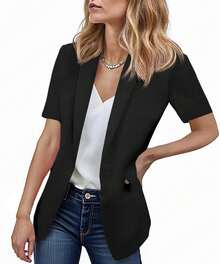 Womens Casual Short Sleeve Blazer Lapel Open Front Work Office Jacket - 黑色 - 查看 1