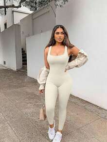 Womens Workout Winter Vest Long Jumpsuits Seamless Yoga Gym Bodycon Rompers Sexy Unitard Tummy Control - Beige Vest Bodysuit - View 3