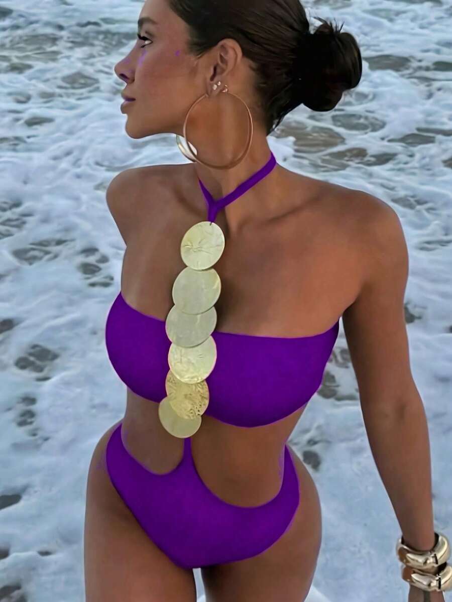 1pc Women's Sexy Halter Sequin Decor One-Piece Swimsuit Vacation Beach Summer - Purple - View 1