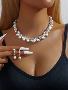 3件套仿珍珠花卉婚礼首饰套装 - 项链和耳环，适合正式场合，新娘配饰 - 80854301 - 查看 15