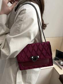 韩版菱形字母压纹休闲手提包，2024新款时尚达人简约单肩斜挎方包 - 酒紅色 - 查看 4