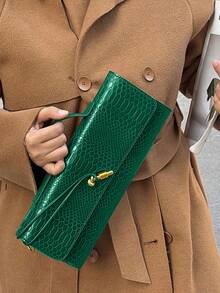 Womens Fashion Leather Clutch Bag Crocodile Print Evening Handbag Crossbody Tote Bag, Stylish Solid Color Clutch Bag, Multi-Functional Evening Bag Women Vintage Minimalist Faux Woven Texture Red Retro Flap Lock Large Capacity Clutch Bag, Handbag, Shoulder Bag Suitable For Evening Parties, Daily Wear, Fashionable Clutch Bags For Woman, Party Bags,Perfect For Party Wedding Prom Dinner/Banquet Matching With Holiday Party Dress Evening Dress & Sequin Dress, Purses And Bags Women - 綠色 - 查看 6