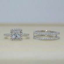 2Pcs Women's Fashion Noble Zirconia Wedding Ring Set Wedding Band Anniversary Gift Party Valentine's Day Engagement Women Jewelry Size 4-11# - 銀色 - 查看 1