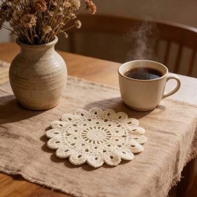 1pc Handmade Crochet Flower Coaster, Lace Hollow Knitted Coffee Cup Mat In Beige, Handcraft Sunflower Knitted Placemat, Heat-Resistant Artistic Round Coaster For Home, Suitable For All Seasons