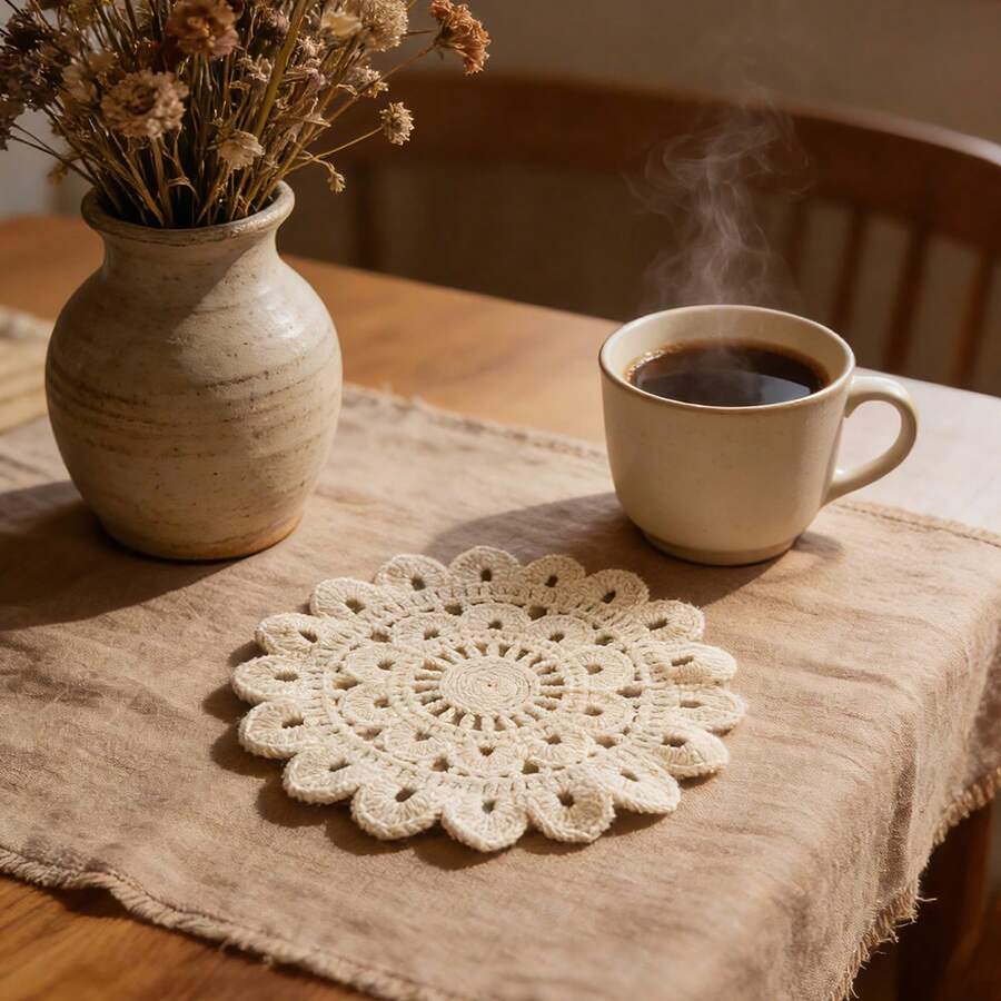 1pc Handmade Crochet Flower Coaster, Lace Hollow Knitted Coffee Cup Mat In Beige, Handcraft Sunflower Knitted Placemat, Heat-Resistant Artistic Round Coaster For Home, Suitable For All Seasons - Beige - View 1