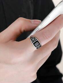 1pc Mysterious Totem Ring, Minimalist Faux Black Obsidian Ring, Fashionable Versatile High-End Open Ring - H631 - View 6