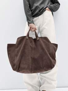 女士大号绒面革手提包，柔软单肩包，大容量绒面革手提包，工作手提包，旅行包，冬季包，超大号手提包，购物袋 - 棕色 - 查看 3
