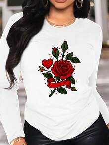 Long Sleeve-Shirt, Flower, Valentine's Day Round Neck Women's Casual Long Sleeve Top, Women's Clothing, Comfortable Fit, Washable, Valentine's Day Print-Shirt, Holiday Essential, All-Season Wear Fashionable Women's Clothing - 白色 - 查看 1
