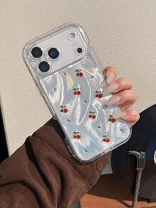 优雅的INS风格银色底座樱桃树脂全屏手机壳，兼容 17 Pro Max、16 Pro Max，也适用于 15/16、13/14 Pro Max、12/13 Pro Max。