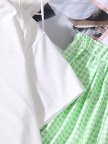 2件套女童蝴蝶结装饰T恤和格子裤休闲套装，夏季 - 薄荷綠 - 查看 5