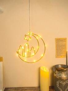 1 Warm Light Moon Hugging Double Star Multi Style Iron Ring LED Decorative Light, Moon, Moon Hugging Star, Moon Hugging Double Star, Moon Hugging Candle Star, With Flashing Function Like A Sky Full Of Stars, Multiple Styles Suitable For Holiday Decoration, Bedrooms, Wedding Parties, Holiday Decoration Lights (Excluding Batteries) - 暖光 - 查看 8