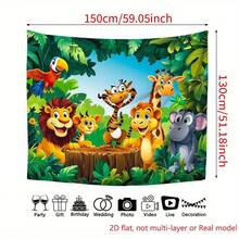 2D Flat, 1 Banner With A Background Of A Jungle Animal Party Featuring Lions, Tigers, Giraffes, Monkeys And Parrots. High-Definition Printed Jungle Scene With Green Leaves Polyester Fabric - 1pcs - View 4