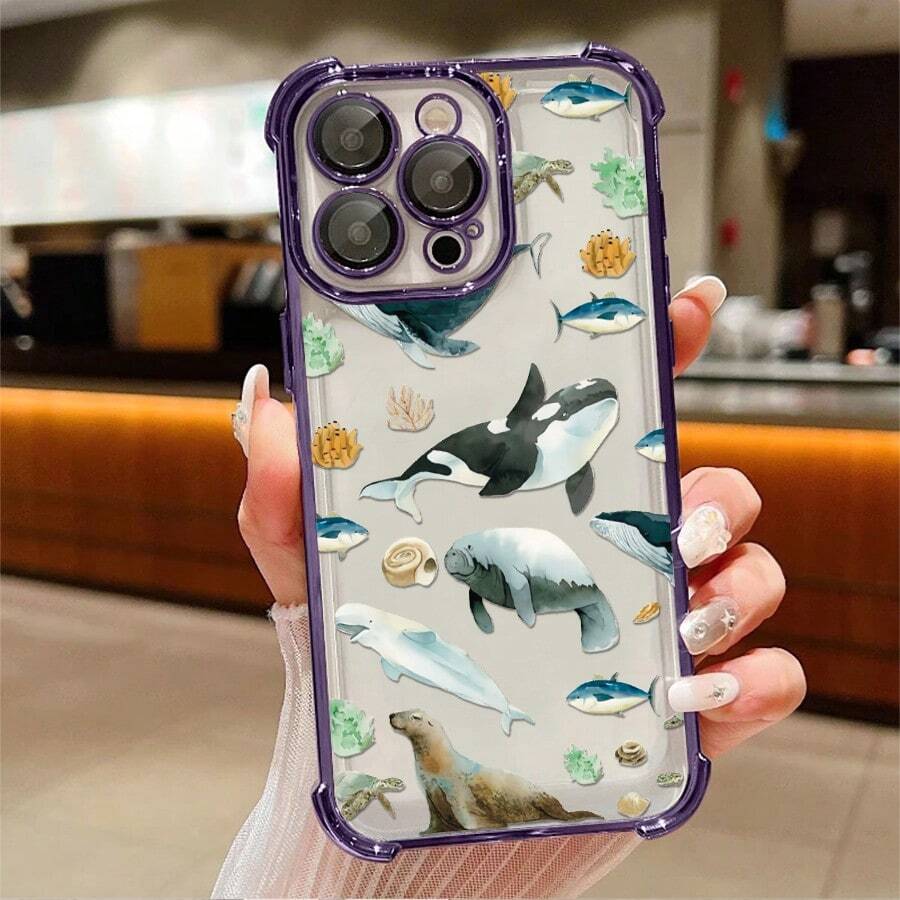 1pcs Ocean Animals Whale Seal Dolphin Sea Life Phone Case Compatible with Apple Phone17ProMax 16 15 14Plus 11 12 13 ProMax Antidrop Phone Case Camera Protection Phone Case Cartoon Style Popular Cute Funny You Can Give It To Yourself Can Be Given To Friends - Morado - Ver 1
