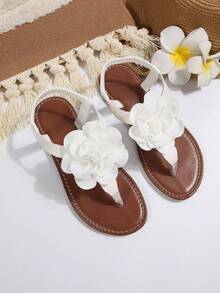 女士3D立体花卉装饰休闲沙滩百搭时尚平底凉鞋 - 白色 - 查看 6