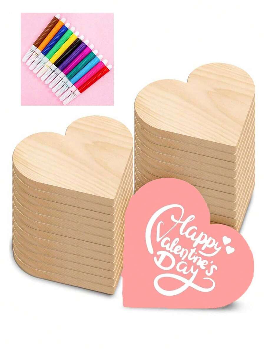 3pcs Set - Unfinished Wooden Heart Shaped Paper Carving Decor, 3.94 Inch Blank Heart Shaped Plaque, Wooden Blocks, Layered Heart Shaped Wooden Tray, Suitable For Painting, DIY Crafts, Wedding Home Decor, 0.59 Inch Thickness (Includes Pen)